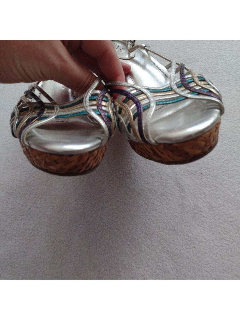 Connie Metallic Strappy Slingback Wedge 8.5 M Silver Straw Sandals - Picture 9 of 11